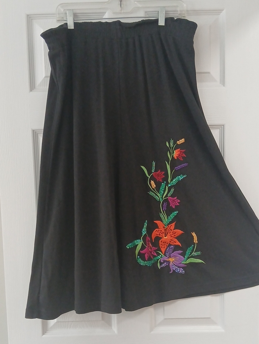 Black A-Line Skirt with Colorful Floral Embroidery